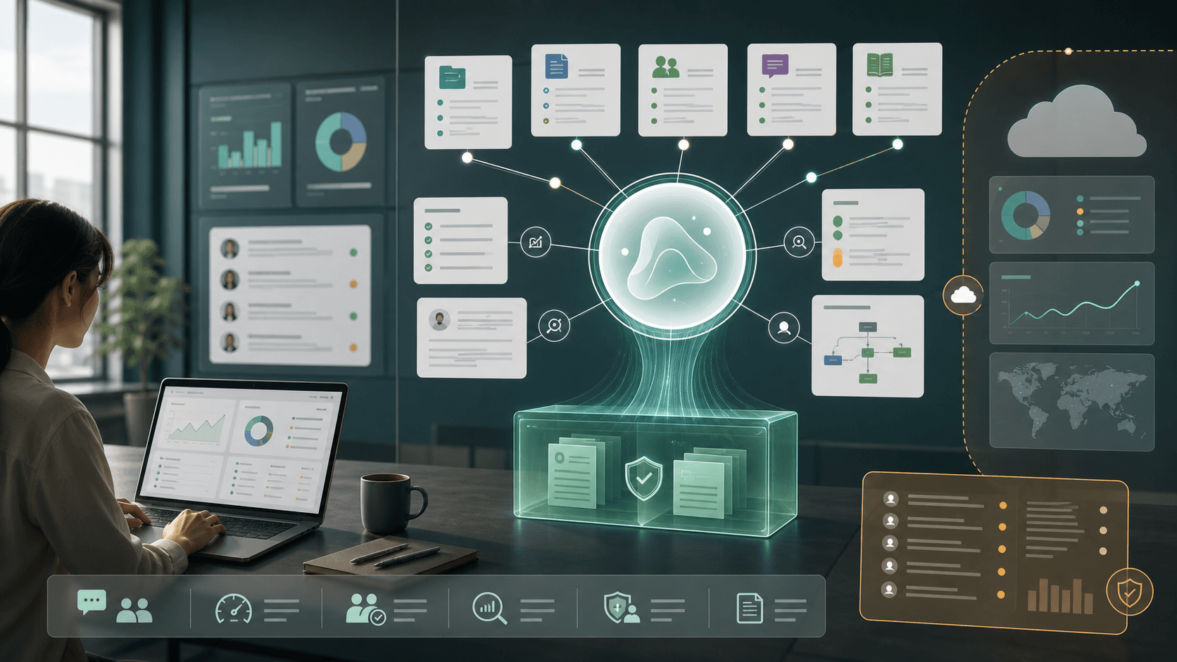 An AI agent reading company documents, meeting notes, customer tickets, and SOPs inside a permission-aware knowledge graph