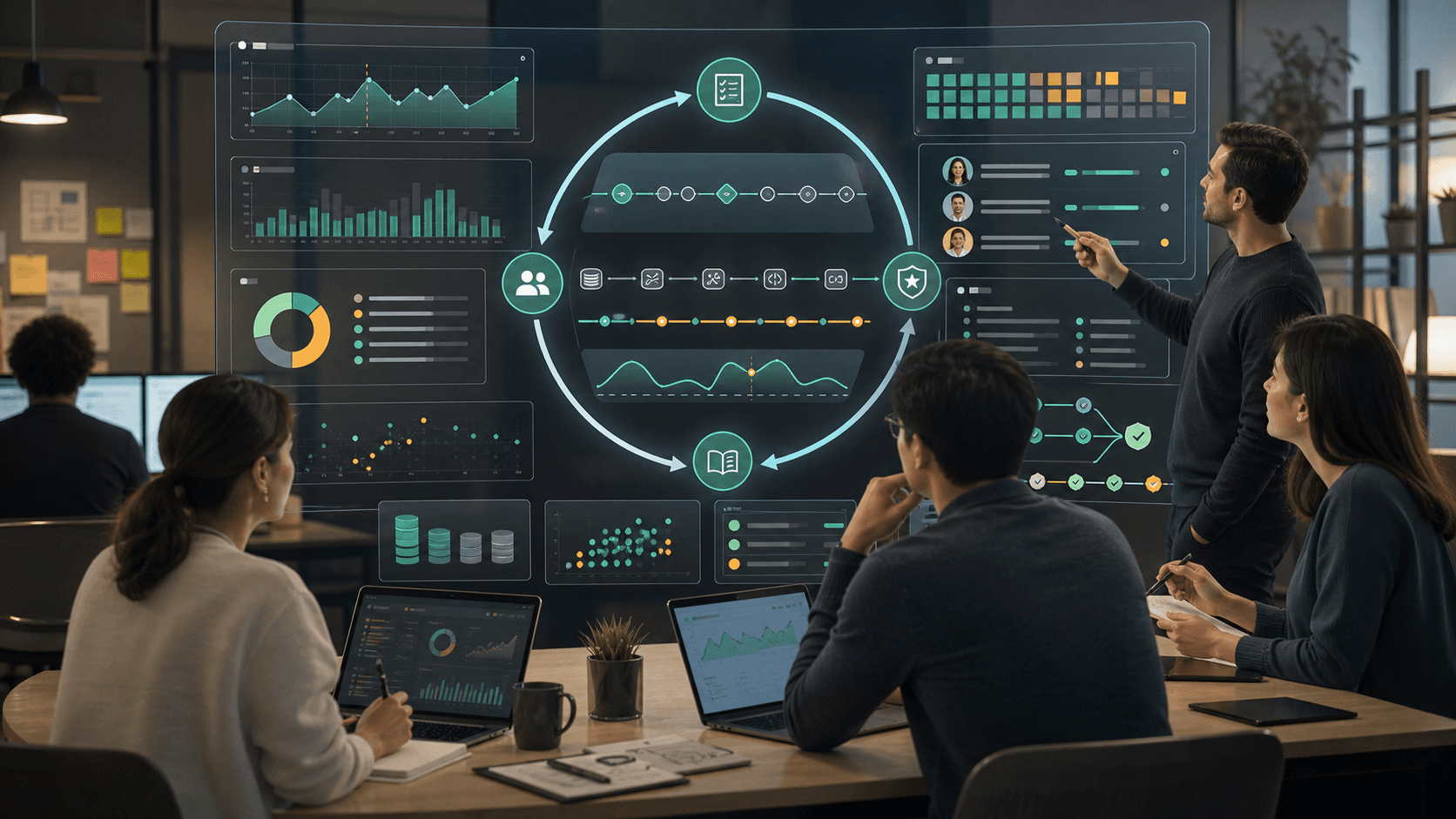 A team reviewing AI agent traces, logs, scorecards, rollback checkpoints, and feedback loops on an operations dashboard