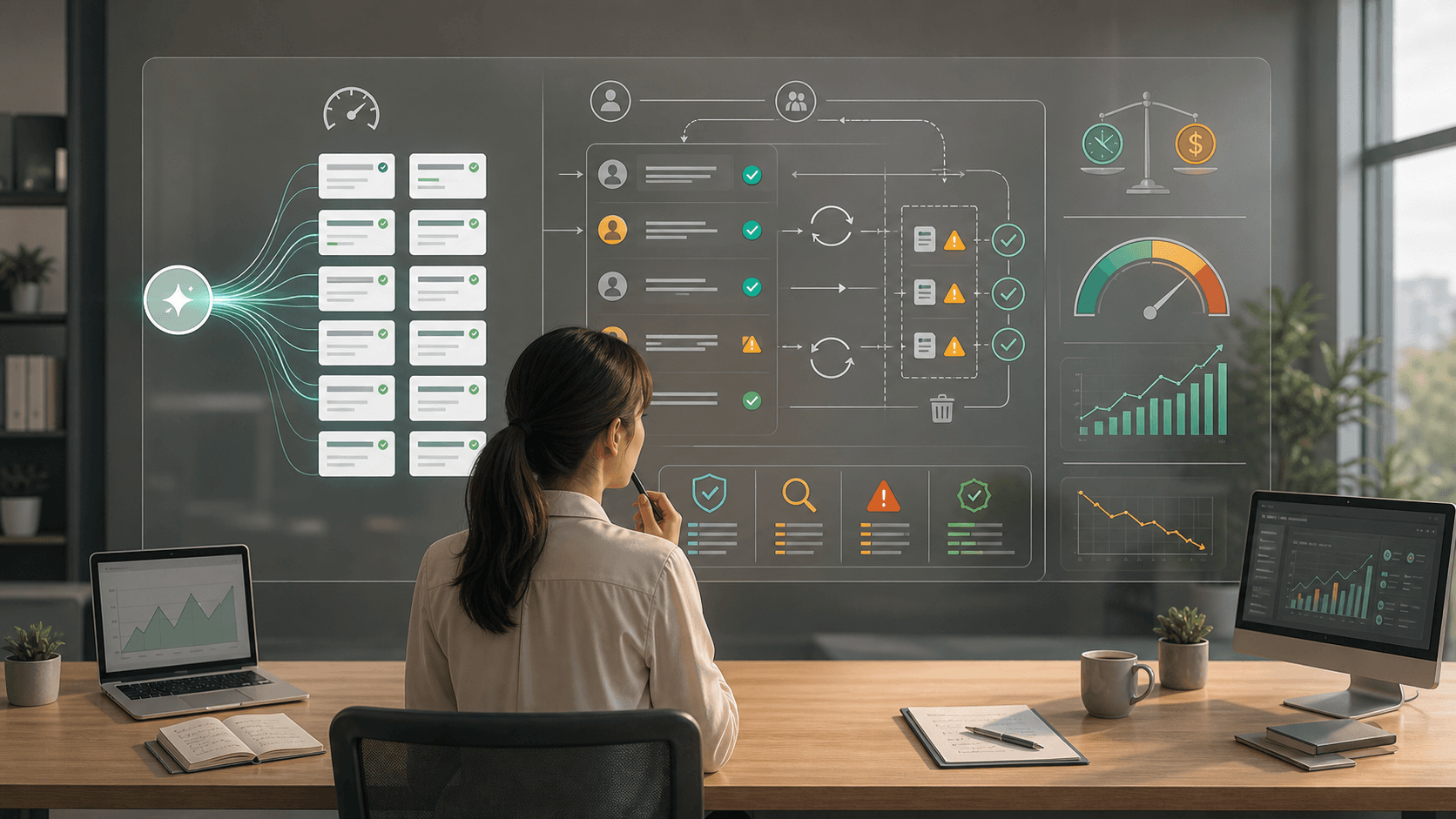 An operations lead comparing fast AI output with review queues, QA checkpoints, rework loops, and ROI metrics
