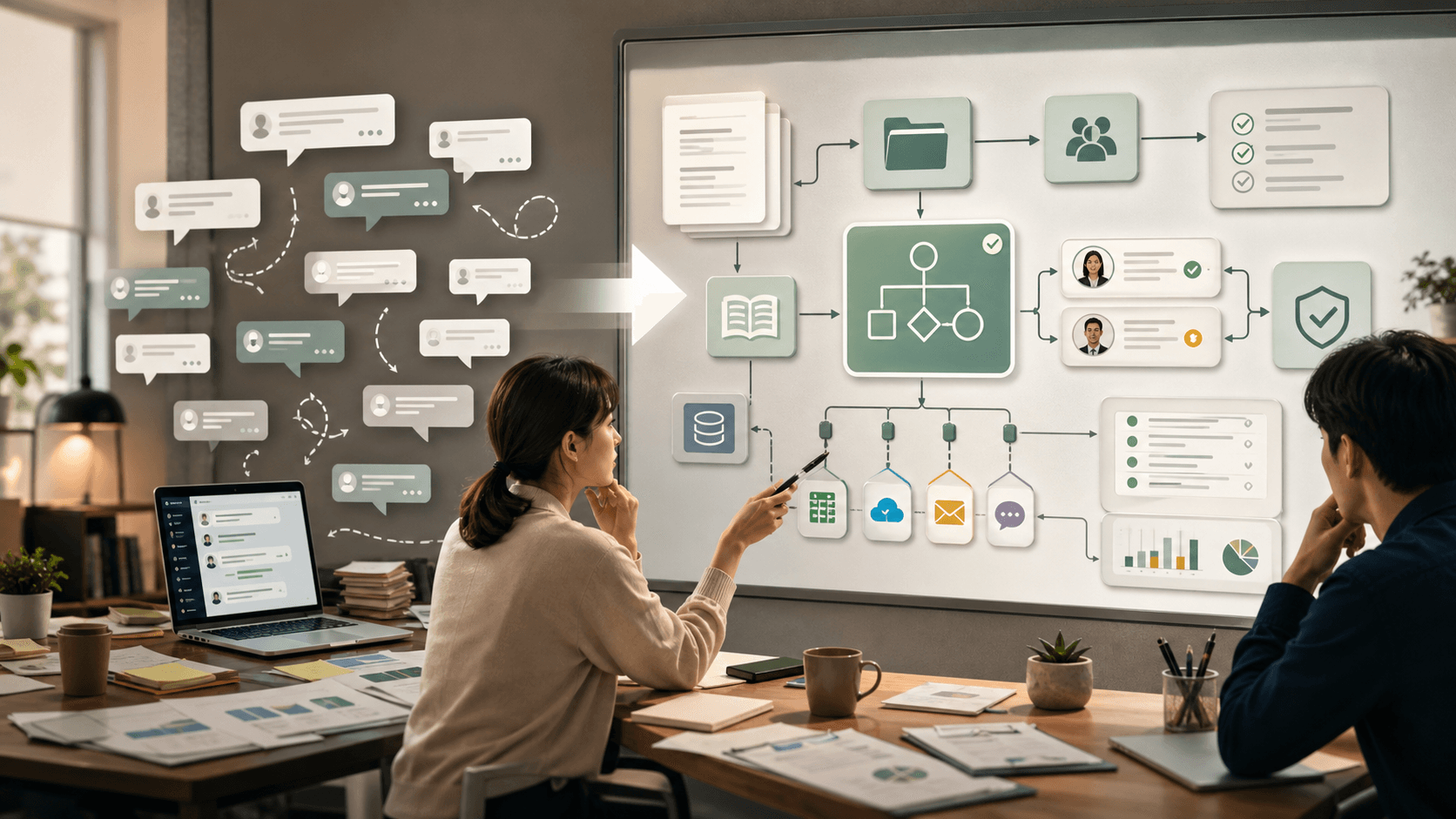 A team turning scattered AI chats into a structured company operating board with documents, connectors, approval gates, and logs