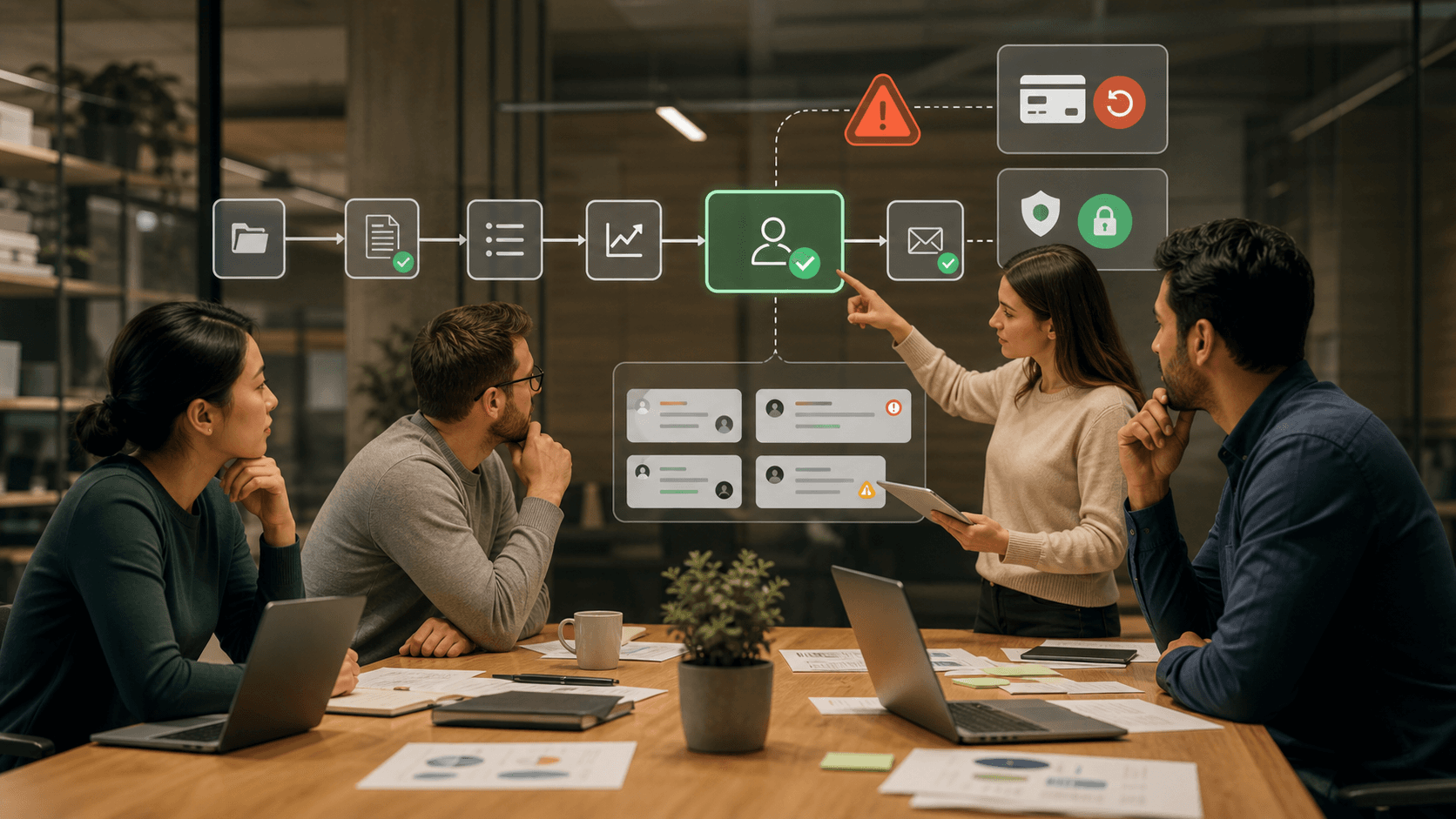 A meeting scene reviewing the human approval boundary inside an AI automation workflow