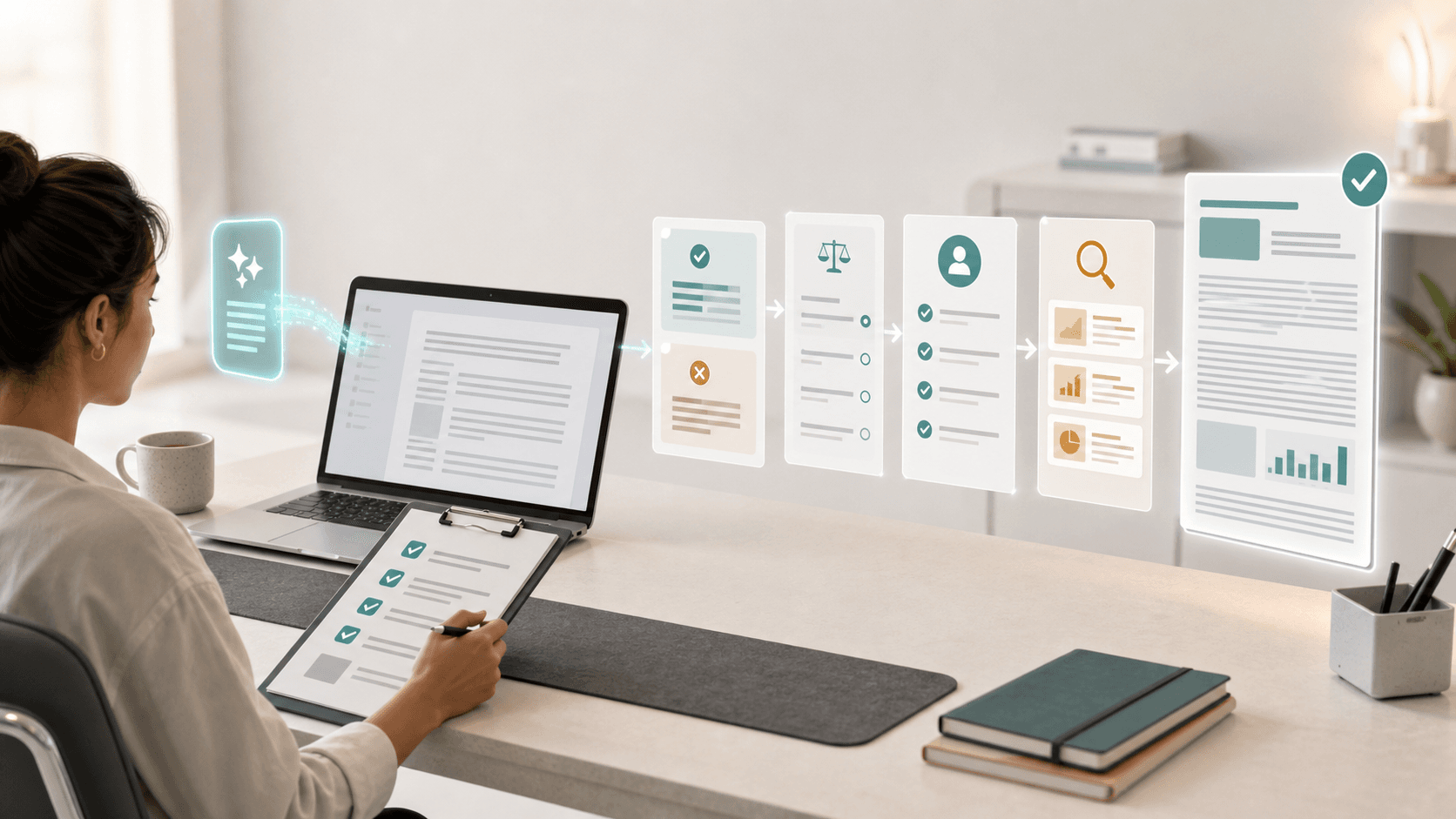 A human operator reviewing an AI draft through examples, a rubric, evidence checks, and a final useful business document