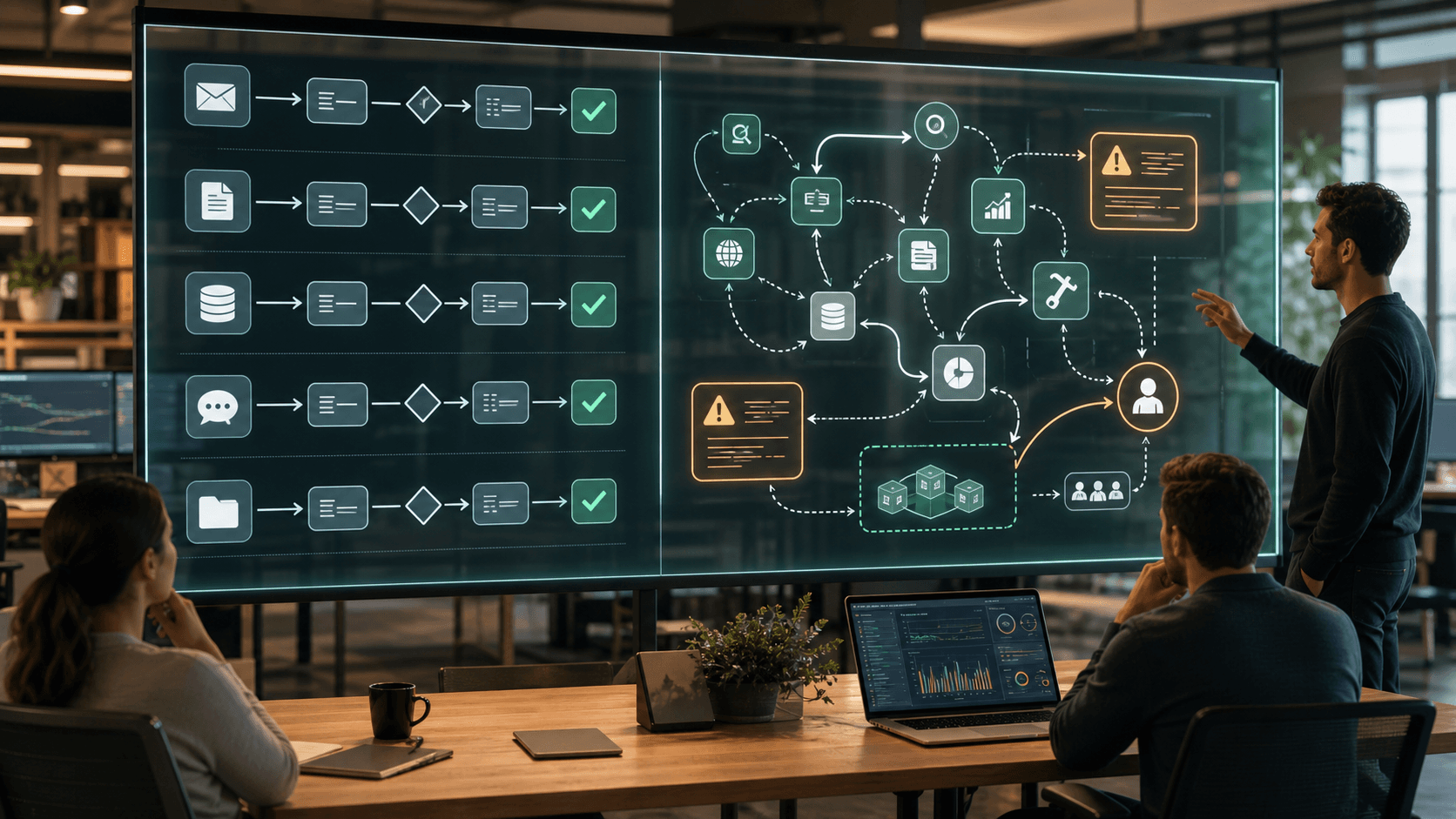 An operations board comparing fixed rule-based automation flows with dynamic AI agent flows