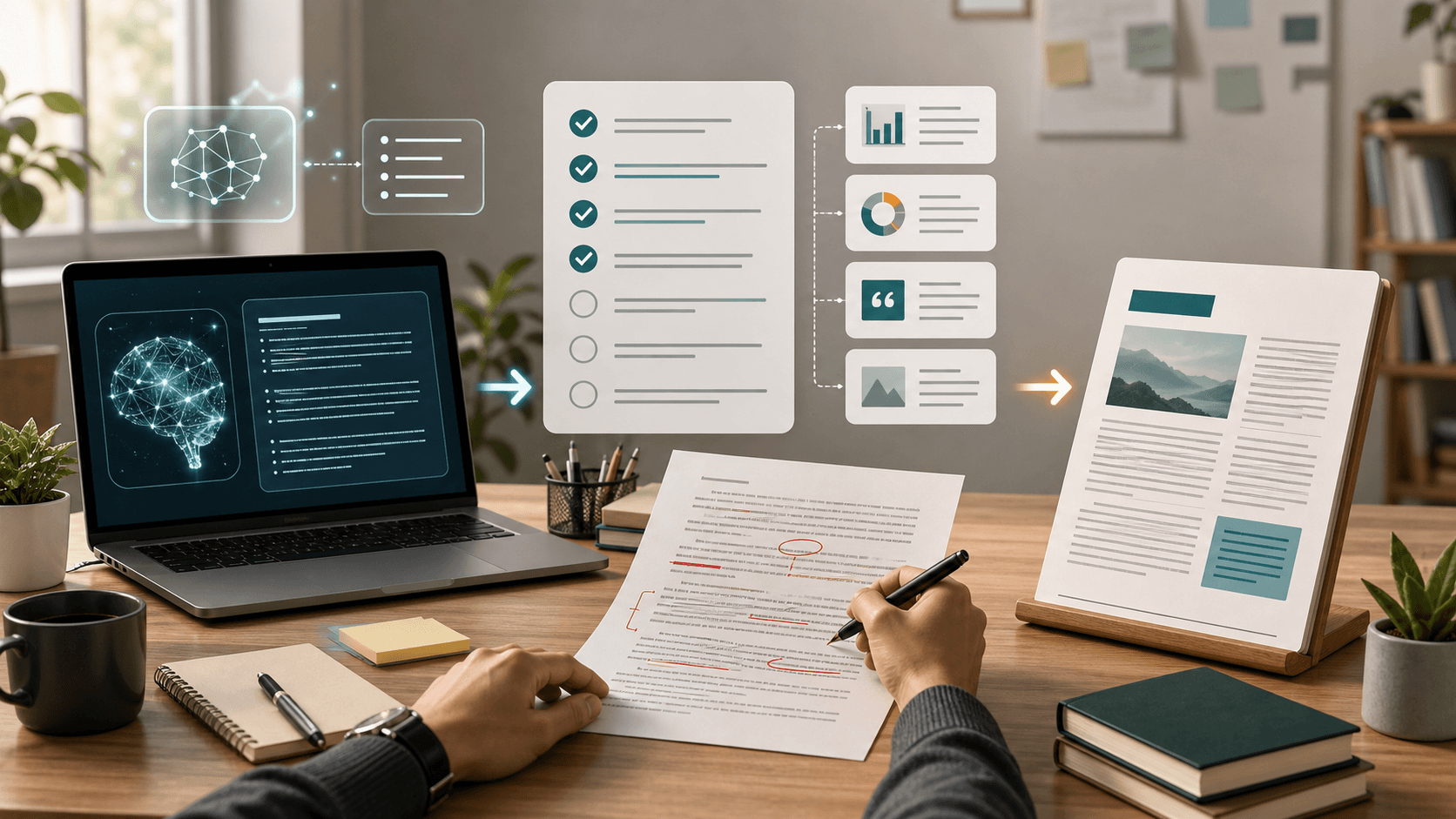 A human editor reviewing an AI-generated draft with a checklist, evidence cards, and a publish-ready article