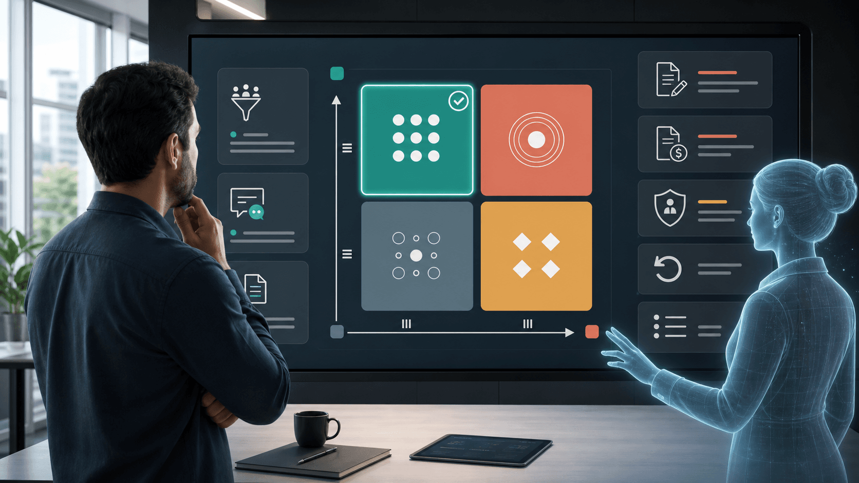 A human operator and AI assistant reviewing a risk and repetition matrix for selecting the first workflow to automate
