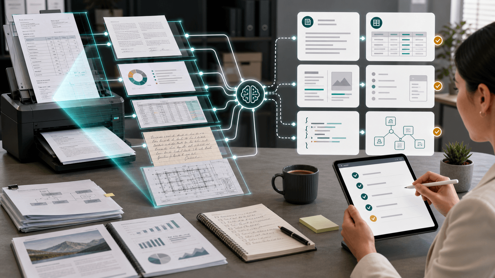 A human operator reviewing scanned documents, contracts, tables, and an engineering drawing as they are converted into AI-readable structured document cards