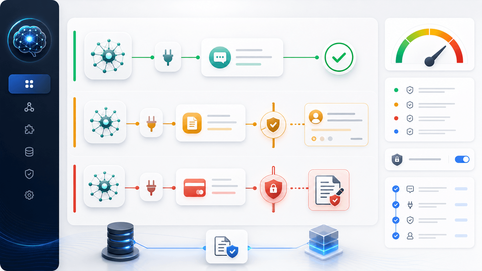 AI運用ダッシュボード上で自動実行workflow、人間の承認ゲート、高リスク行動のブロック、権限ロック、リスクメーター、監査ログ、ツール接続が分かれている場面