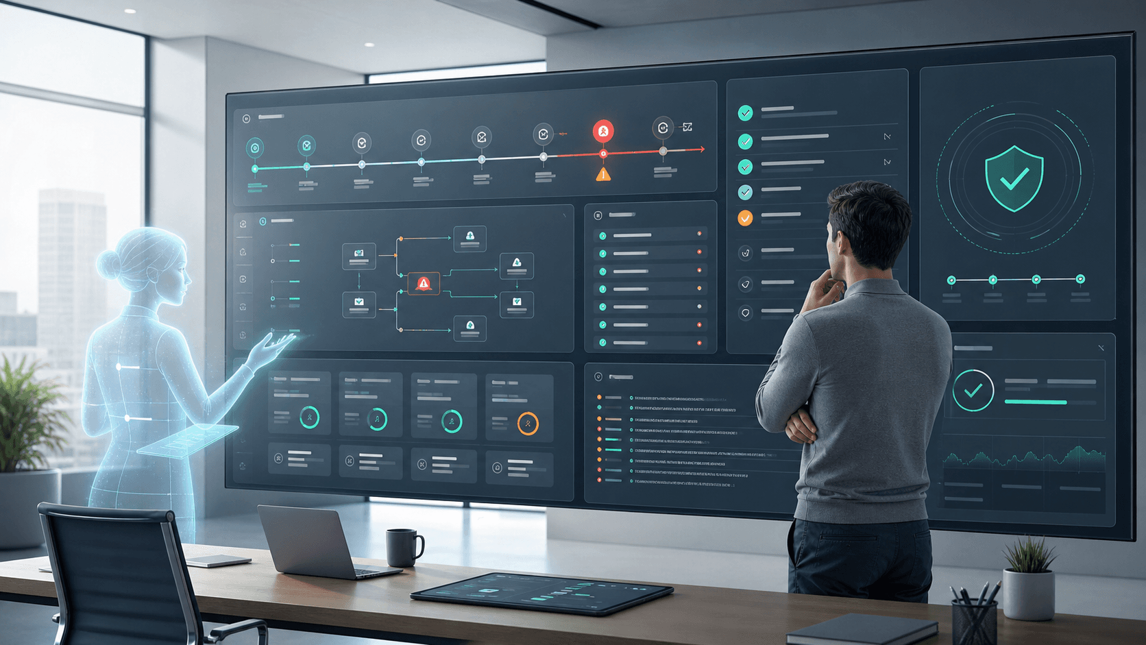 A human operator and AI assistant reviewing an incident timeline, root-cause board, checklist gates, eval results, and live verification dashboard