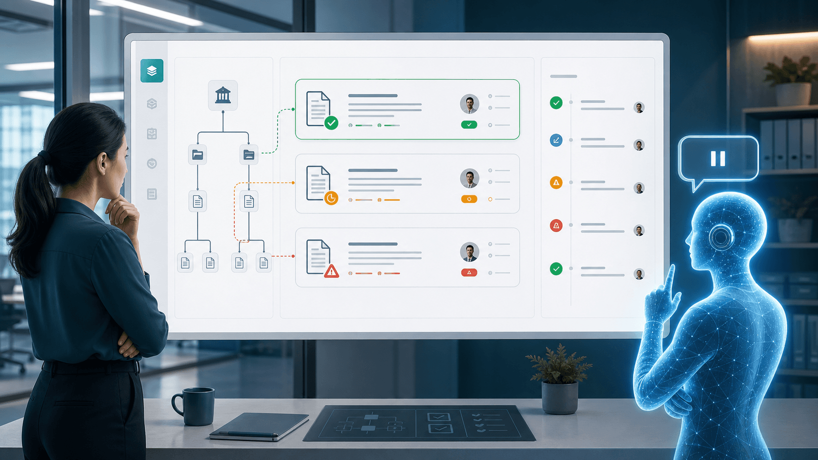 A human operator and AI assistant checking source-of-truth, freshness, conflict, owner, and audit trail signals before answering from company knowledge