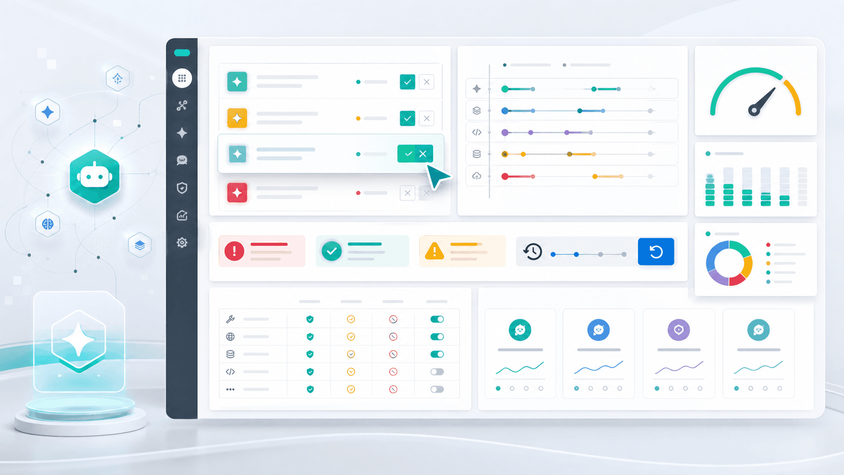 承認待ちqueue、trace timeline、eval scorecard、incident log、healthcheck、cost meter、古い知識の警告、rollback control、tool permissionが見えるAIエージェント運用dashboard