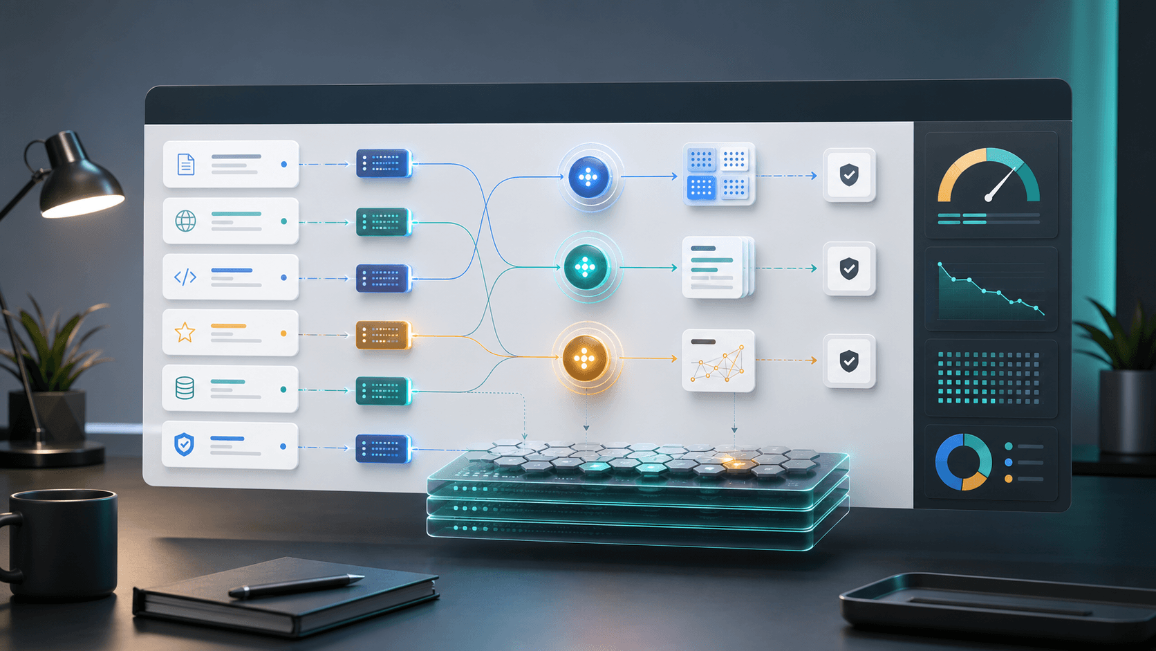 An operations dashboard routing AI work through context budgets, prompt caching, retrieval, model tiers, and verification gates to reduce wasted subscription spend