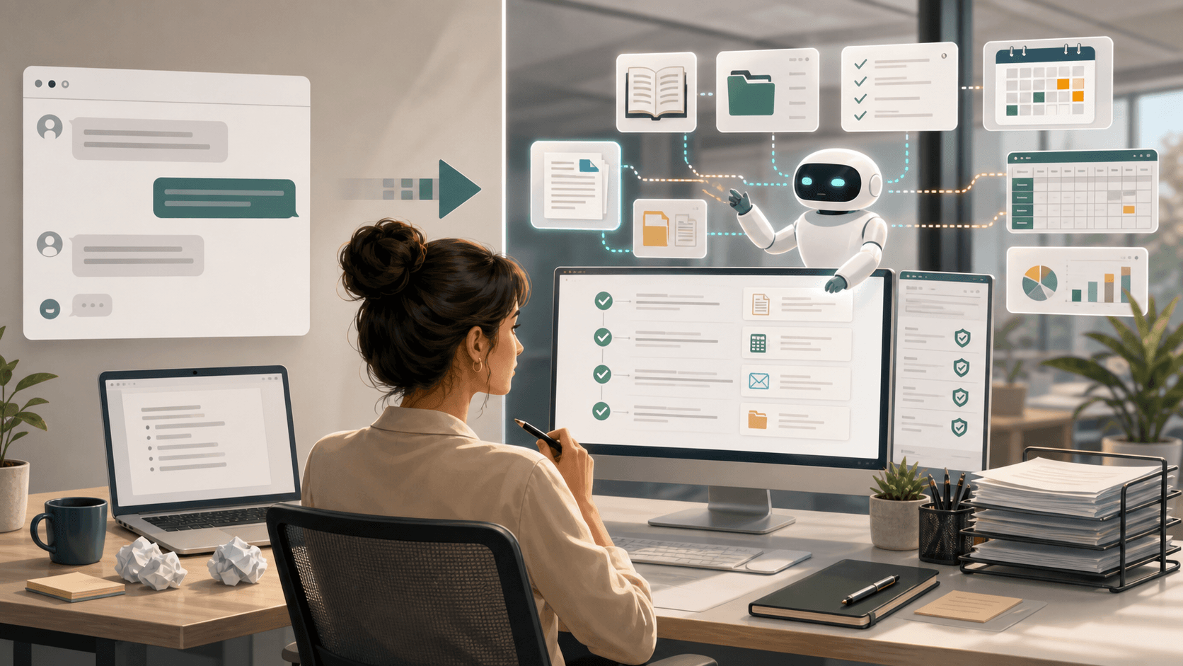 A human operator moving from a simple chatbot window to an AI agent workspace connected to company knowledge, files, calendars, spreadsheets, and verification checklists